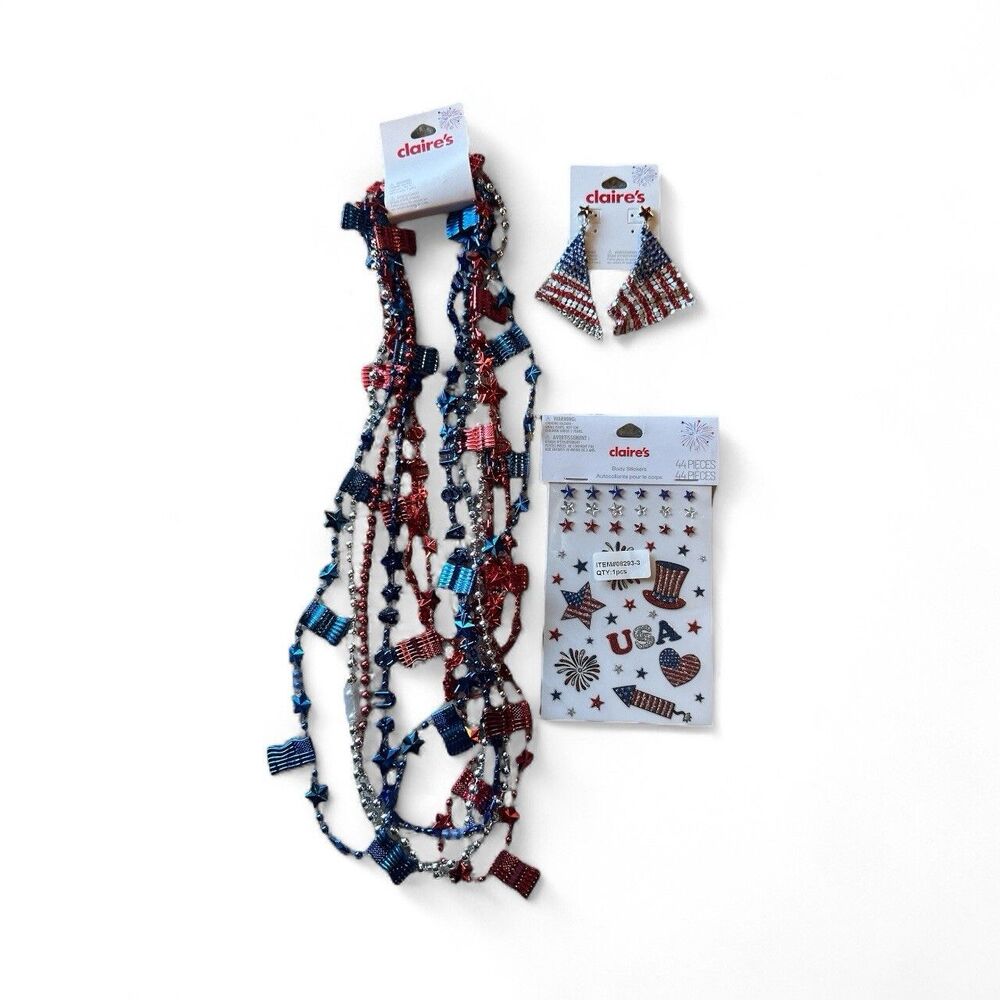NWT Lot 3 Claire's Patriotic 4th of July Earrings 6 Necklaces Body Stickers NEW